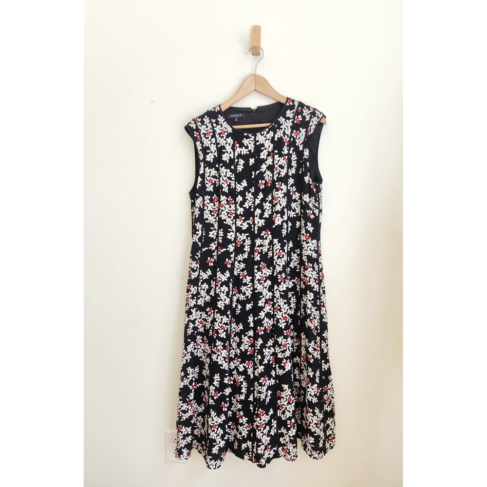 Lafayette 148 Floral Midi Dress Women 12 Fit & Flare Black Cherry Blossom Print
